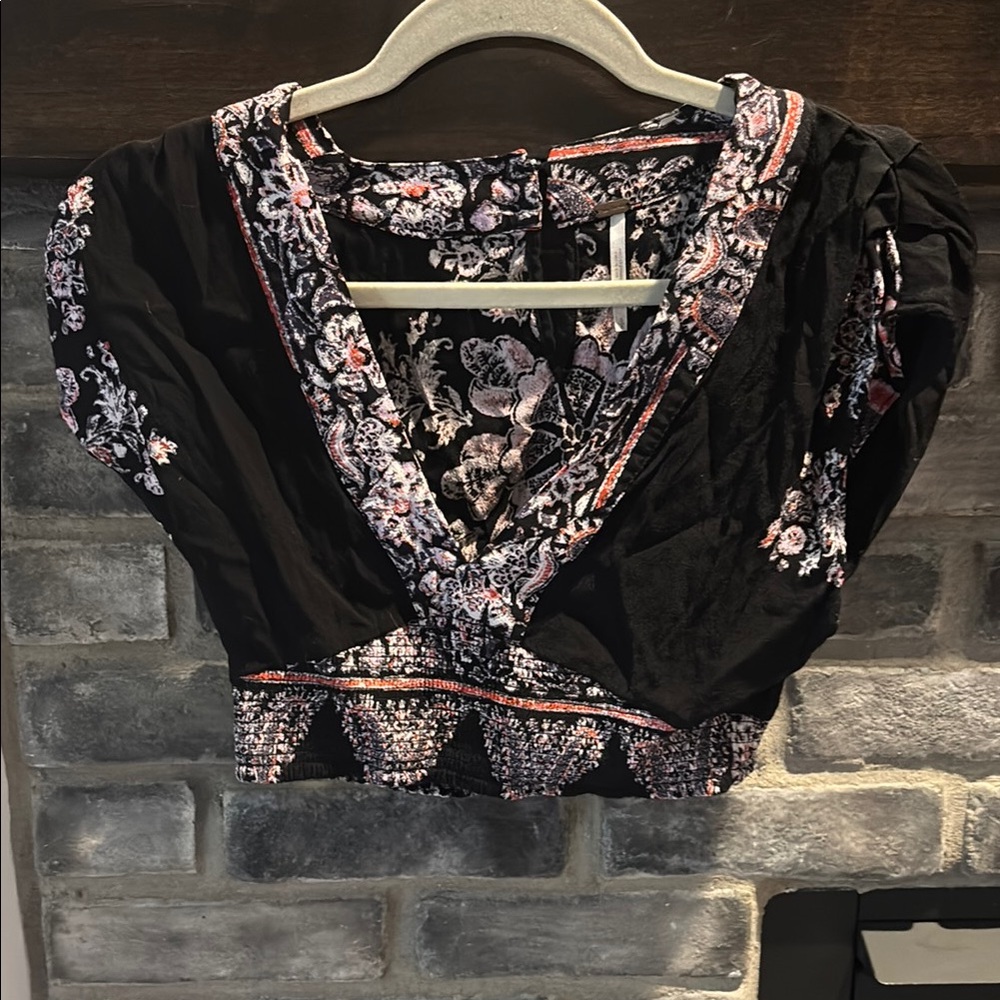 Free People Black and Pink Patterned Crop Top